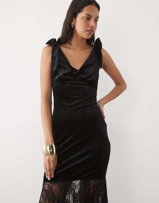 New Look abito midi in misto velluto e pizzo con dettaglio fiocco nero, 3 di 4
