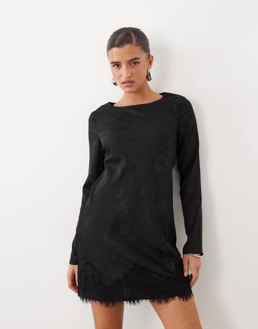 New Look abito mini in raso jacquard con bordo in pizzo nero, 2 di 4