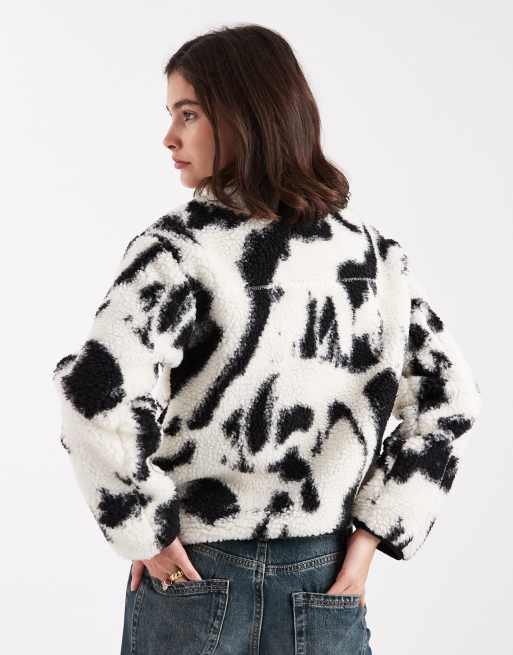 New Look abstract print borg jacket in black ASOS