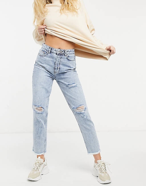 Women New Look acid wash ripped mom jeans in light blue 