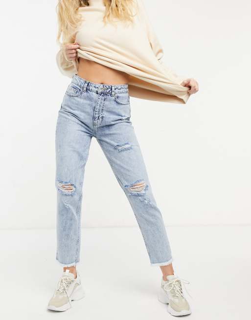 New Look Acid Wash Ripped Mom Jeans In Light Blue Asos