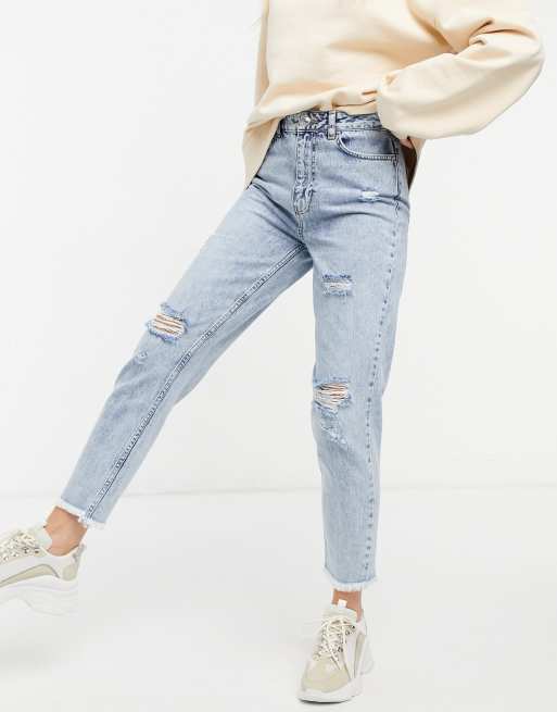 New Look Acid Wash Ripped Mom Jeans In Light Blue Asos