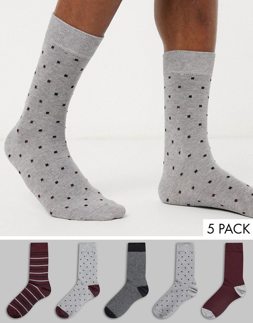New Look all over print 5 pack socks in burgundy