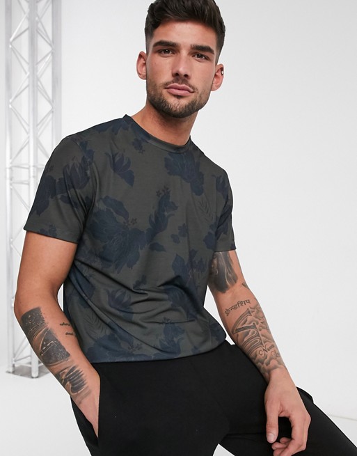 New Look all over print floral sublimation t-shirt in dark khaki