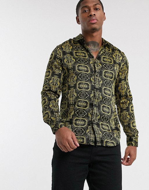 New Look all over print long sleeve satin shirt in black