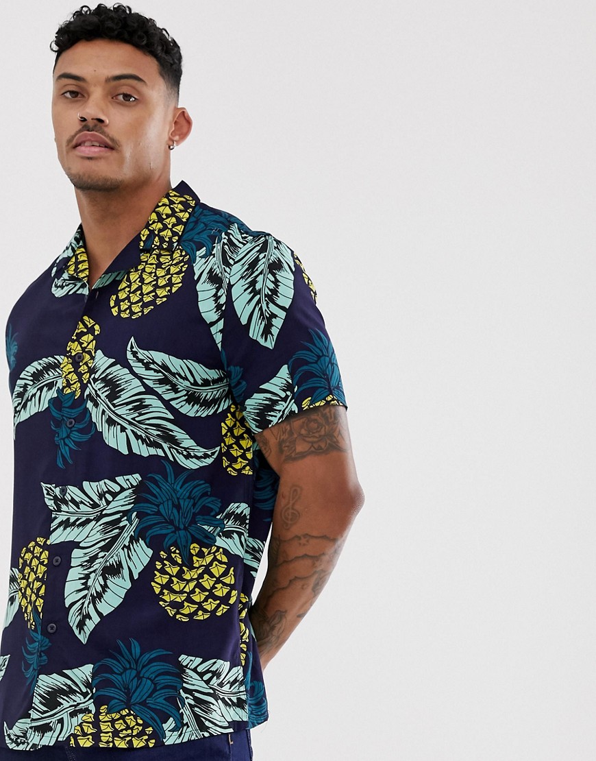 New Look – Ananasmönstrad skjorta med platt krage-Blå