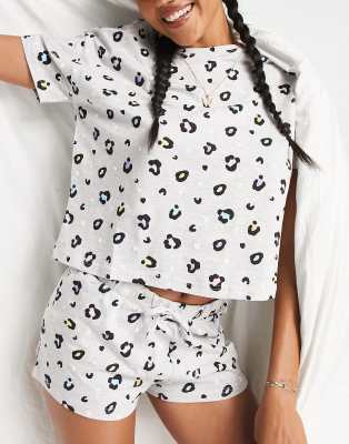 New Look Animal Print Shorts Pajama Set In Gray