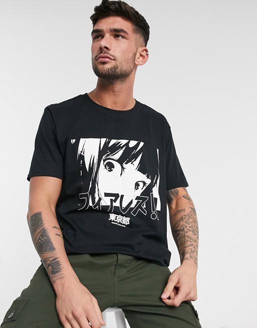 New Look anime girl print t-shirt in mid black