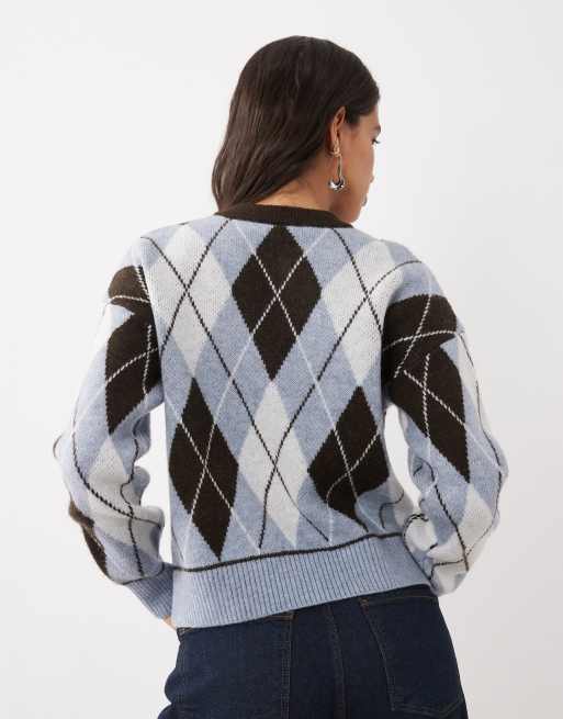 New Look argle crew neck cardigan in blue, 3 of 4