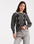 [New Look] New Look argyle collar cardigan in grey 14 08-Grey Pattern