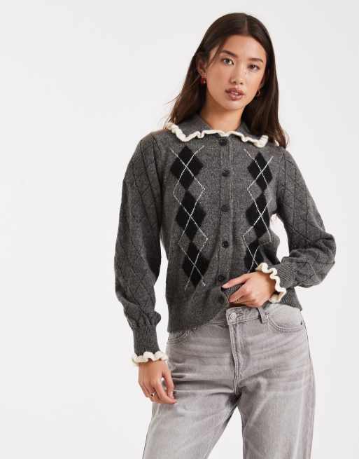 New Look argyle collared cardigan in gray