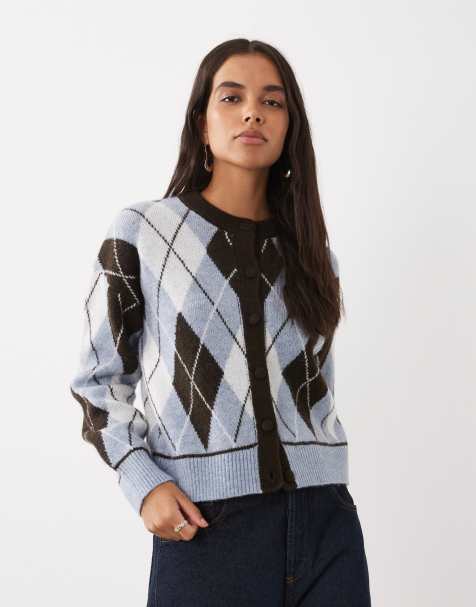 New Look argyle crew neck cardigan in blue - view 1