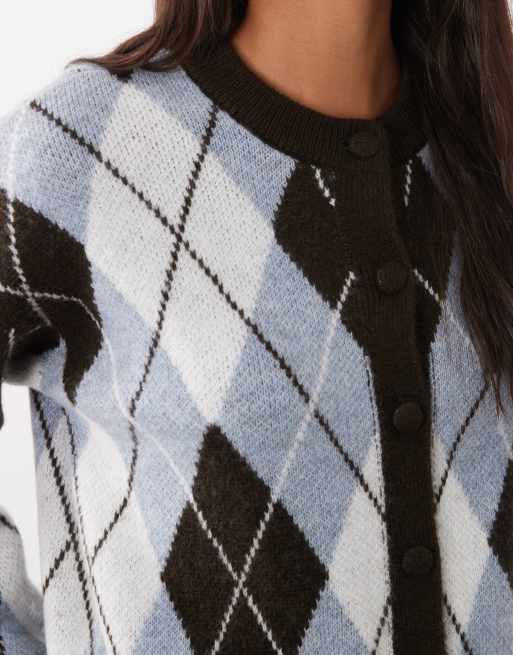 New Look argyle crew neck cardigan in blue, 4 of 4
