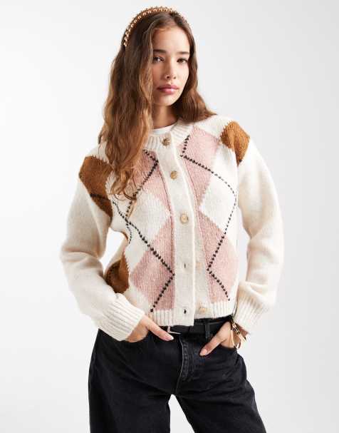 New Look argyle crew neck cardigan in cream pattern - view 1