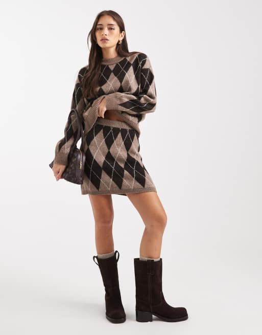 New Look argyle mini skirt in brown (Part of a set), 3 of 5