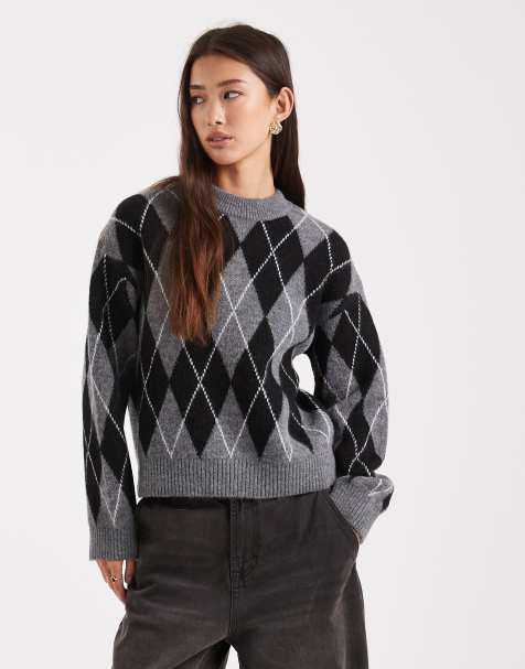 New Look argyle print crew neck jumper in grey - view 1