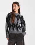 [New Look] New Look argyle print crew neck jumper in grey M 08-Grey Pattern