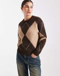 New Look argyle print jumper in brown