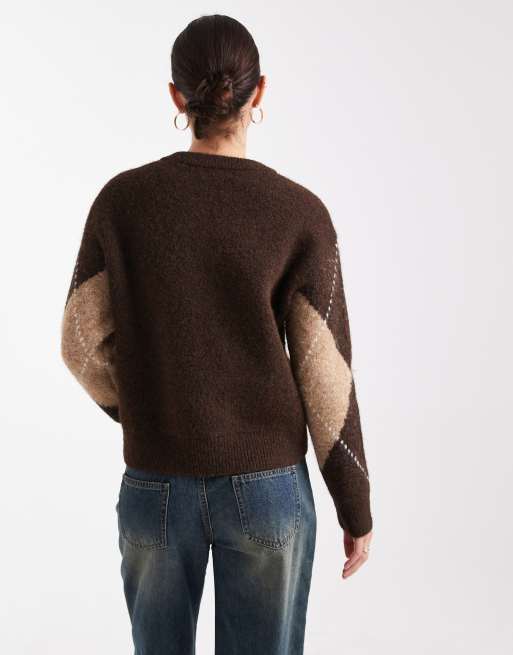 New Look argyle print jumper in brown, 2 of 4