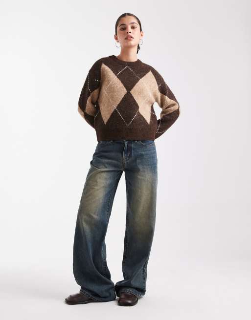 New Look argyle print jumper in brown, 4 of 4