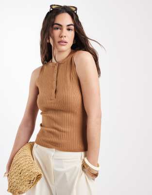 New Look - Ärmelloses Henley-Trägertop in Hellbraun-Brown