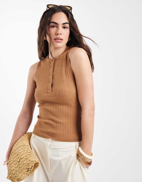 New Look – Ärmelloses Henley-Trägertop in Hellbraun - view 1