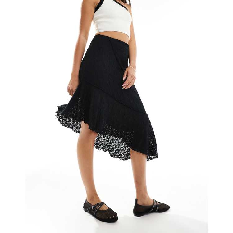 New Look asymetric midi lace skirt in black ASOS
