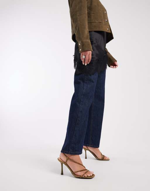 New Look asymmetric embellished heeled sandals in dark green, 2 of 4