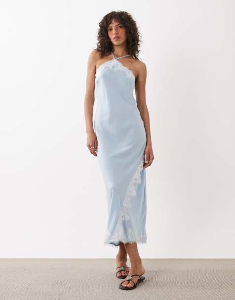 New Look asymmetric halterneck satin lace midi dress in blue - view 1