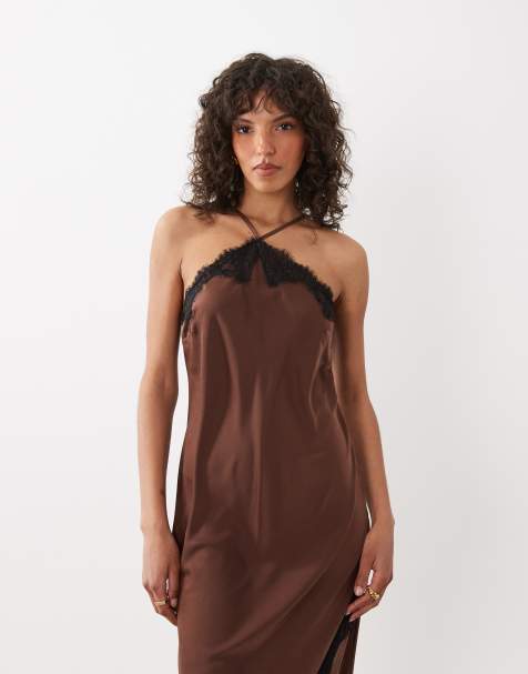 New Look asymmetric halterneck satin lace midi dress in brown - view 1