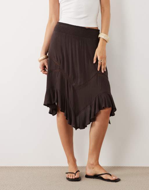New Look asymmetric lace insert midi skirt in brown, 2 of 5
