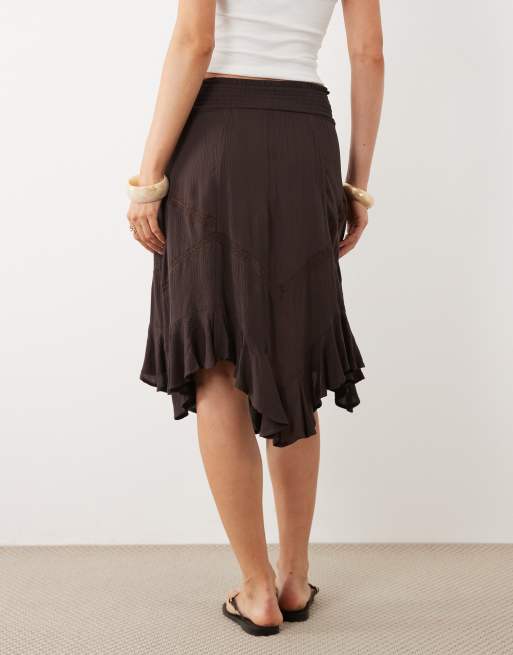 New Look asymmetric lace insert midi skirt in brown, 3 of 5