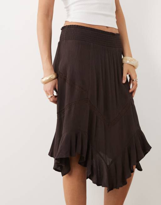 New Look asymmetric lace insert midi skirt in brown, 5 of 5
