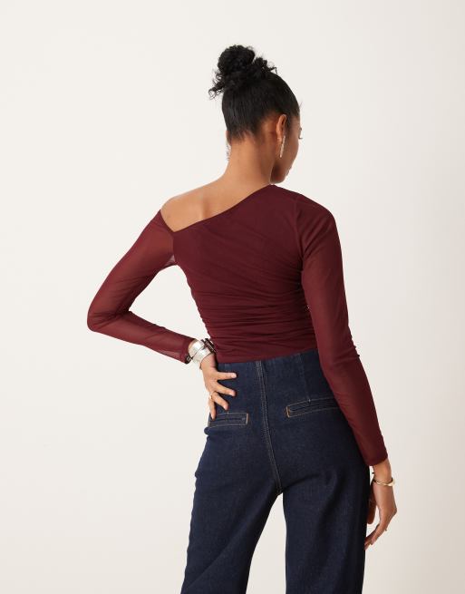 Burgundy mesh top long sleeve on sale