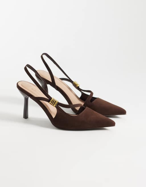 New Look asymmetric metal detail sling back heeled shoe in brown, 2 of 4