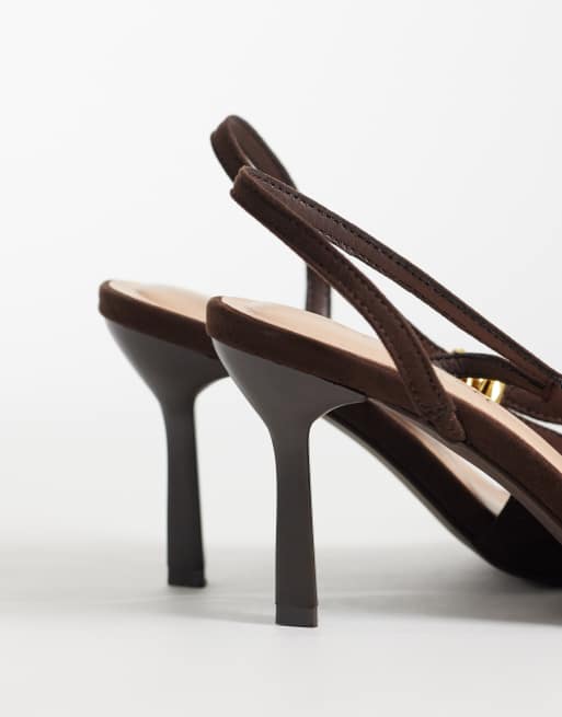 New Look asymmetric metal detail sling back heeled shoe in brown, 3 of 4