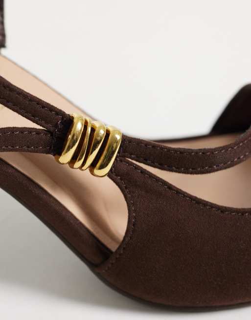 New Look asymmetric metal detail sling back heeled shoe in brown, 4 of 4