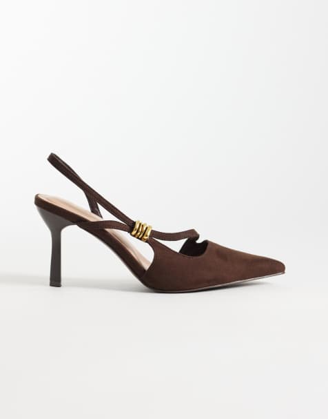 New Look asymmetric metal detail sling back heeled shoe in tan - view 1
