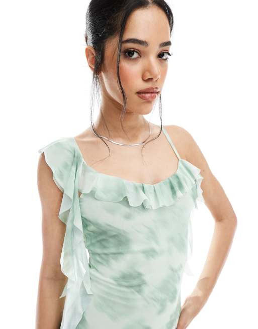 New Look asymmetric midi dress in green floral | ASOS