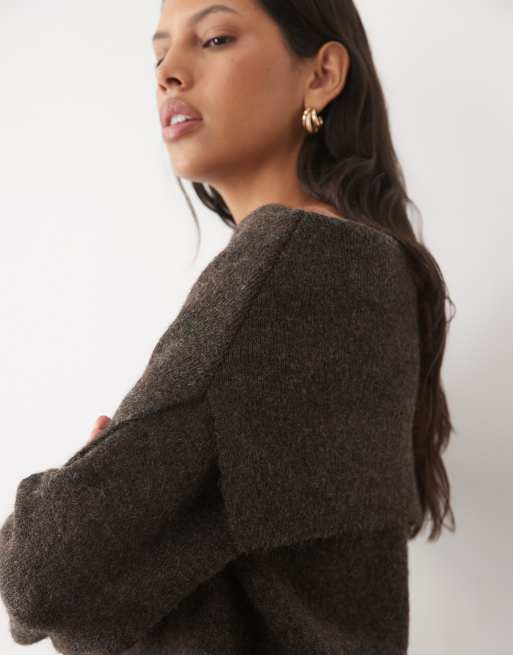 New Look asymmetric shoulder detail jumper in dark mink brown, 2 of 4