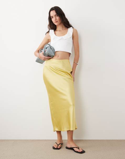 New Look – Asymmetrischer Midirock aus Satin in Zitronengelb - view 1