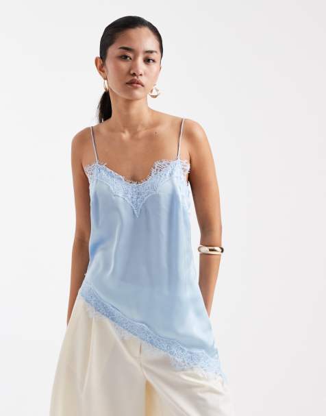 New Look – Asymmetrisches Longline-Camisole aus Satin in Hellblau mit Spitzenbesatz - view 1