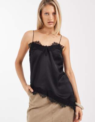 Asymmetrisches Longline-Camisole aus Satin in Schwarz mit Spitzenbesatz Schwarz 42