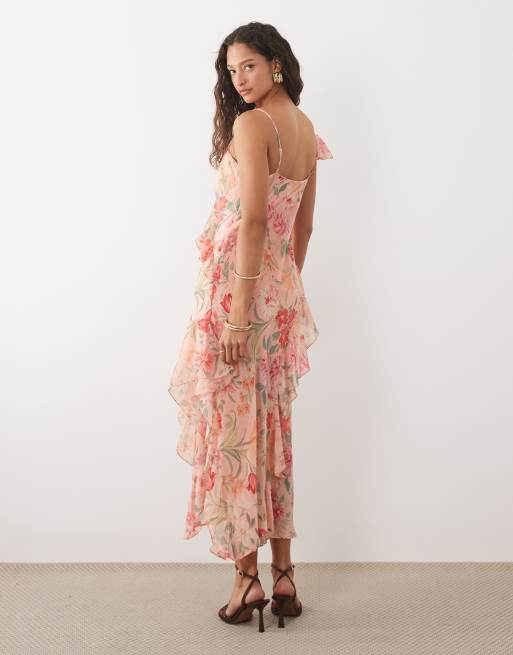 New Look – Asymmetrisches Midikleid aus Chiffon in Rosa geblümt , 4 von 4