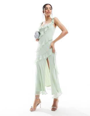 New Look - Asymmetrisches Midikleid in Grün mit Rüschenärmeln