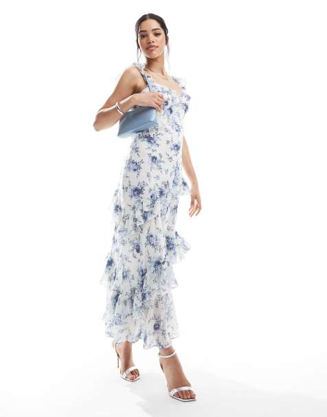 New Look – Asymmetrisches Midikleid mit blauem Blumen-Print und Rüschen - view 1