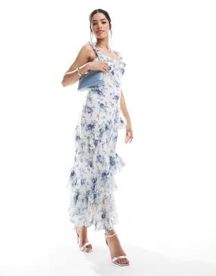 New Look - Asymmetrisches Midikleid mit Blumenmuster in Blau und Rüschen