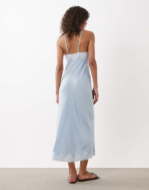 New Look – Asymmetrisches Neckholder-Midikleid aus Satin in Blau mit Spitze, 3 von 4
