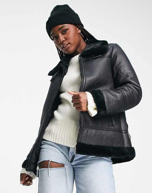 New look faux shearling biker jacket in clearance black