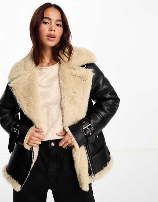 New Look - Aviator-jakke med detaljer imiteret pels i sort og brun